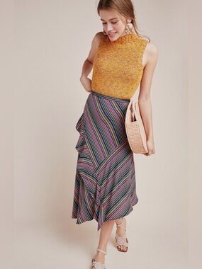 Anthropologie Maeve Eliora Striped Midi Skirt Rayon Machine Washable Size 12